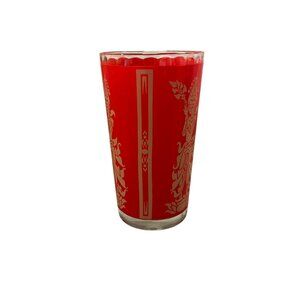 Vintage Thai Goddess Highball Glass Red Gold MCM Used Culver 60s